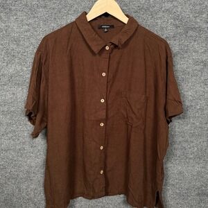 Ambiance Size 3X Shirt Brown Linen Blend Boxy Button Up Minimalist Short Sleeves